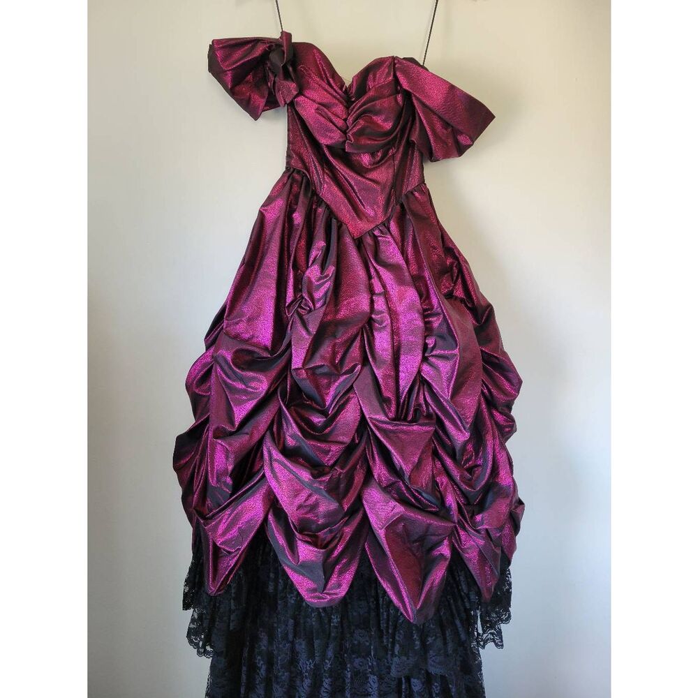 Vintage 80s Magenta Metallic Prom Dress Loralie Original Gothic Bow Shoulder Ruc